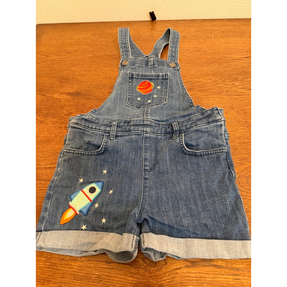 Gymboree Girls Denim Short Overalls Size 7 Space Rocket Planet Embroidered